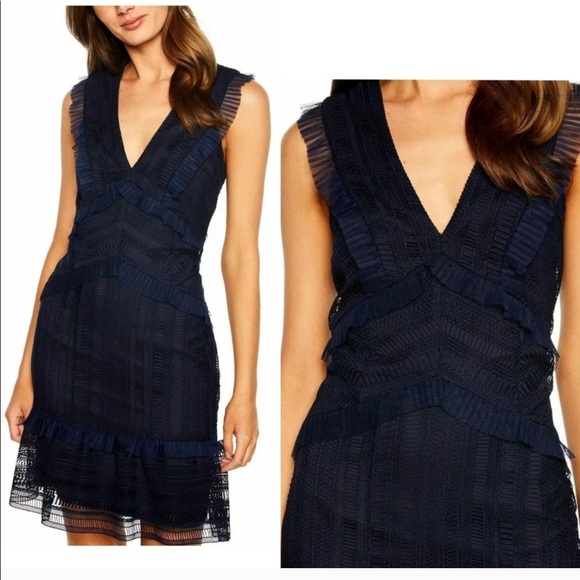 New $379 BARDOT Blue Geometric Lace Ruffle Dress - Picture 1 of 6